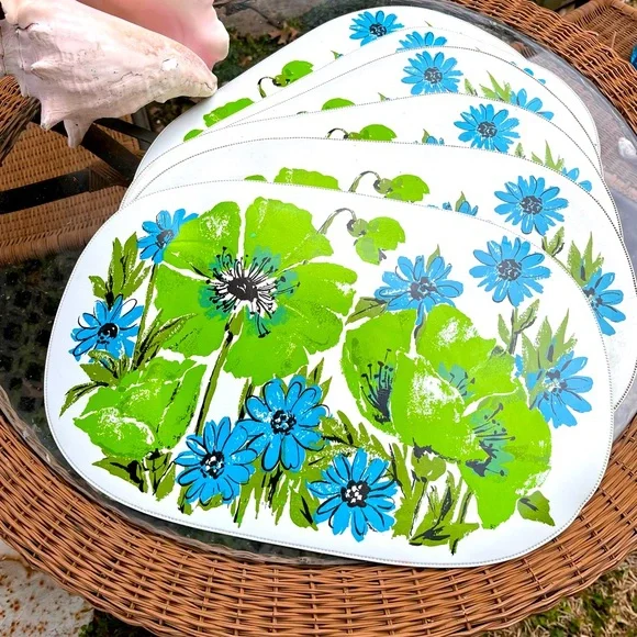 1970s Vintage Oval Vinyl Placemats Set 6 Blue Green - Picture 1 of 5
